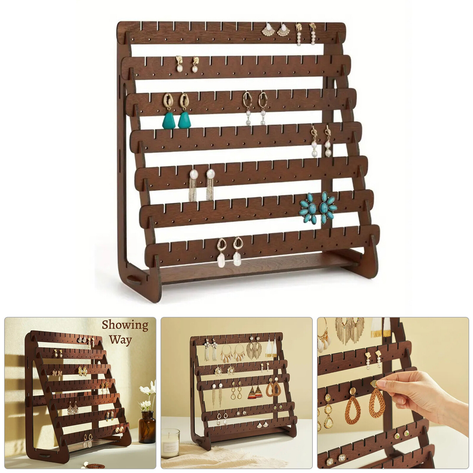 Wood Earring Display Rack Stand Holder For Stud Hook Earrings Jewelry Organizer