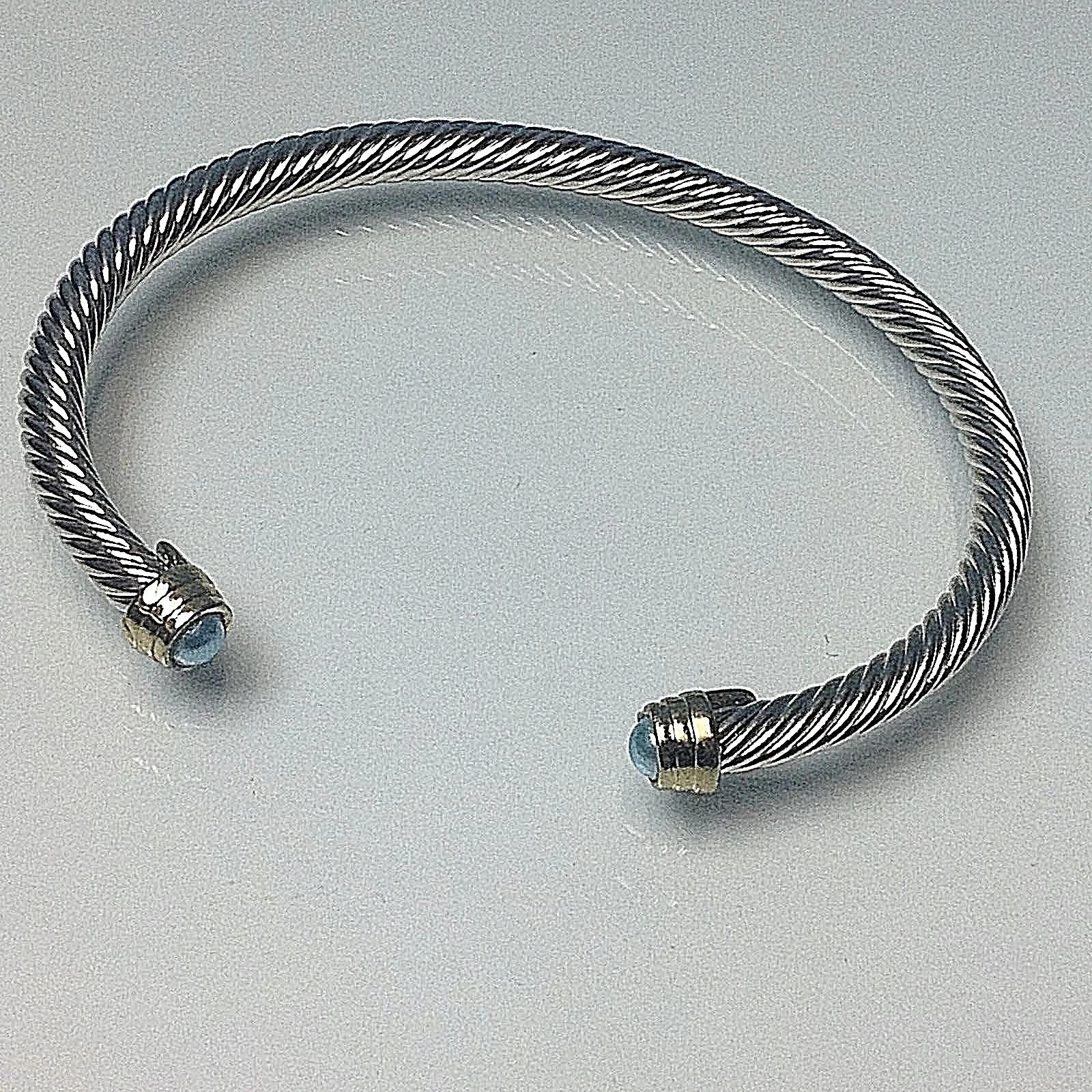 GORGEOUS Classic Silver Blue Pearl Crystal End Tips Twisting Cable Cuff Bracelet