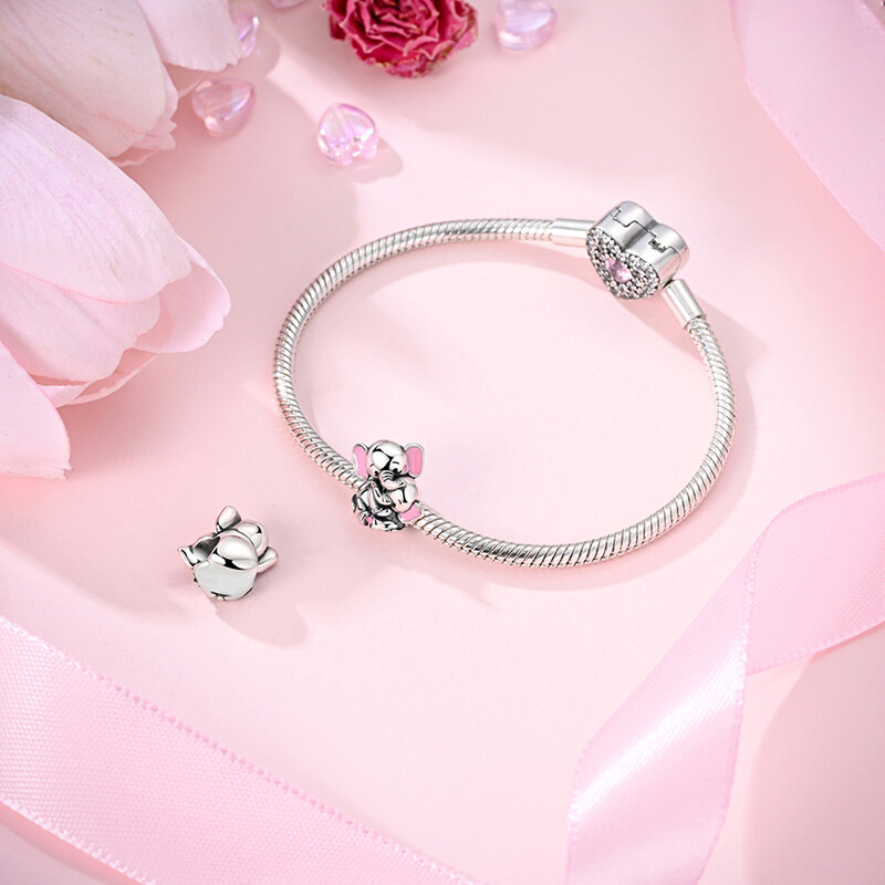 MULA Pink Elephant Mother 925 Sterling Silver DIY Charm for Women Bracelet