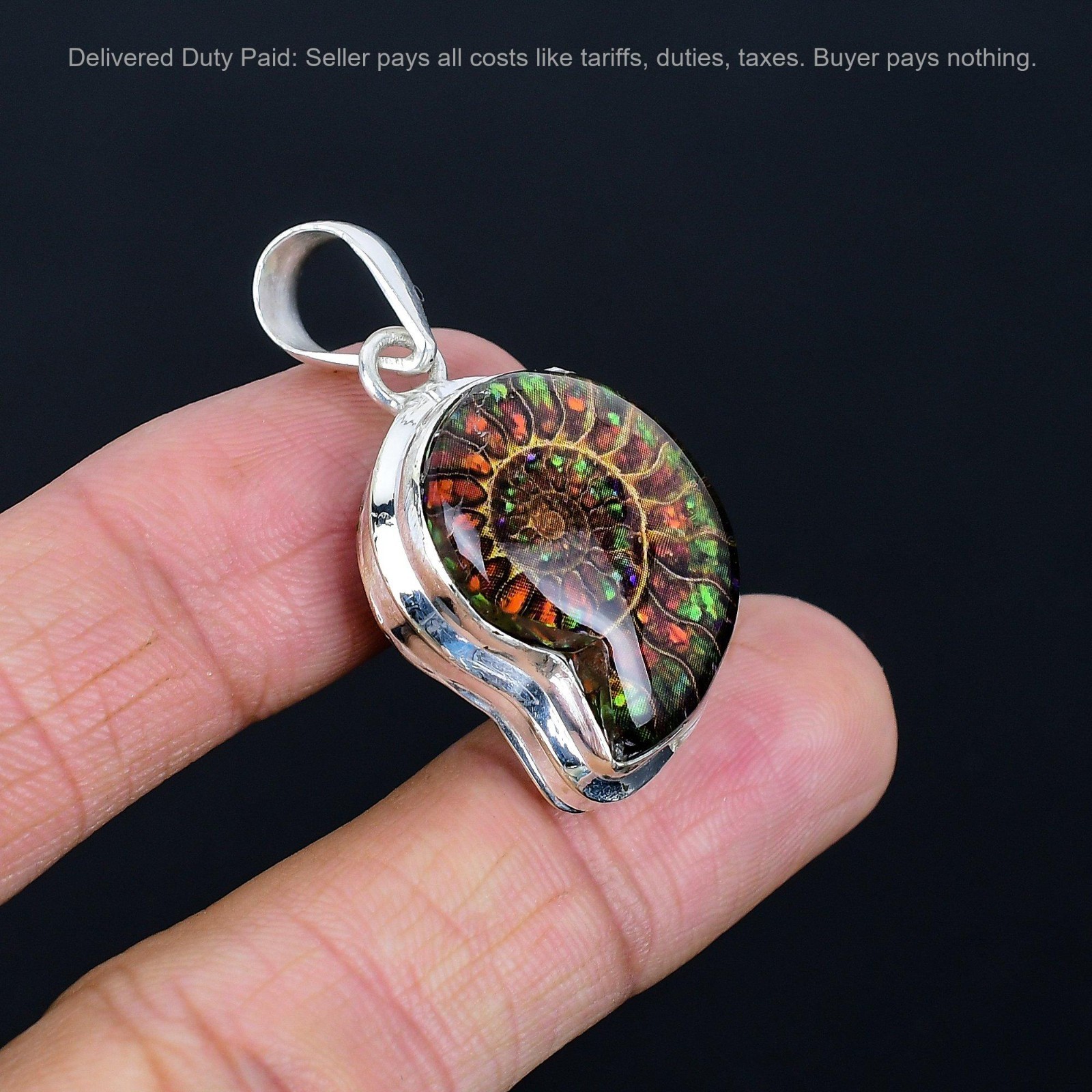 Sterling Silver Pear Natural Ammonite Doublet Opal Mother Birthday Boho Pendant