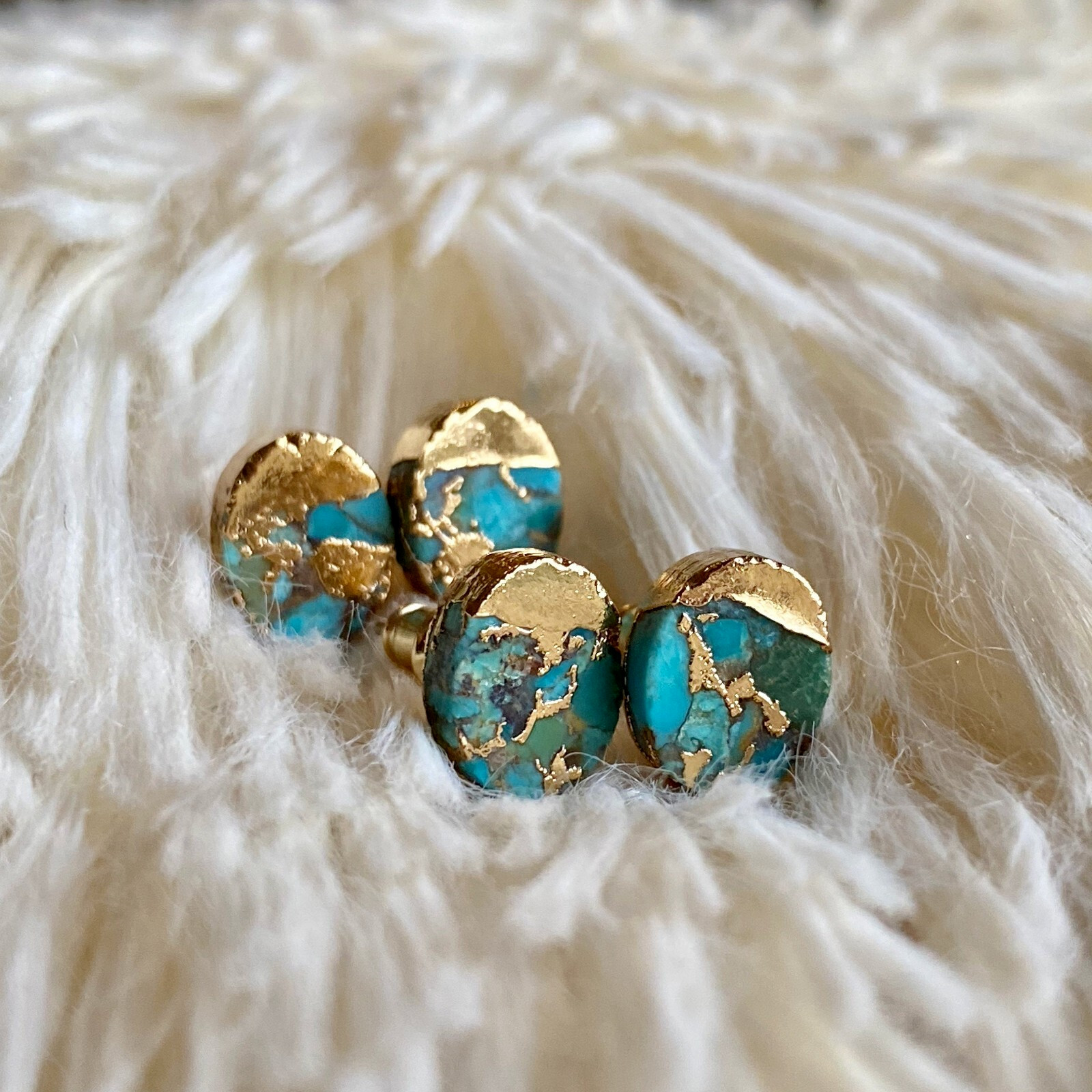 Natural Blue Turquoise Stud Earrings Gold Plated Gemstone Handmade Earrings Gift