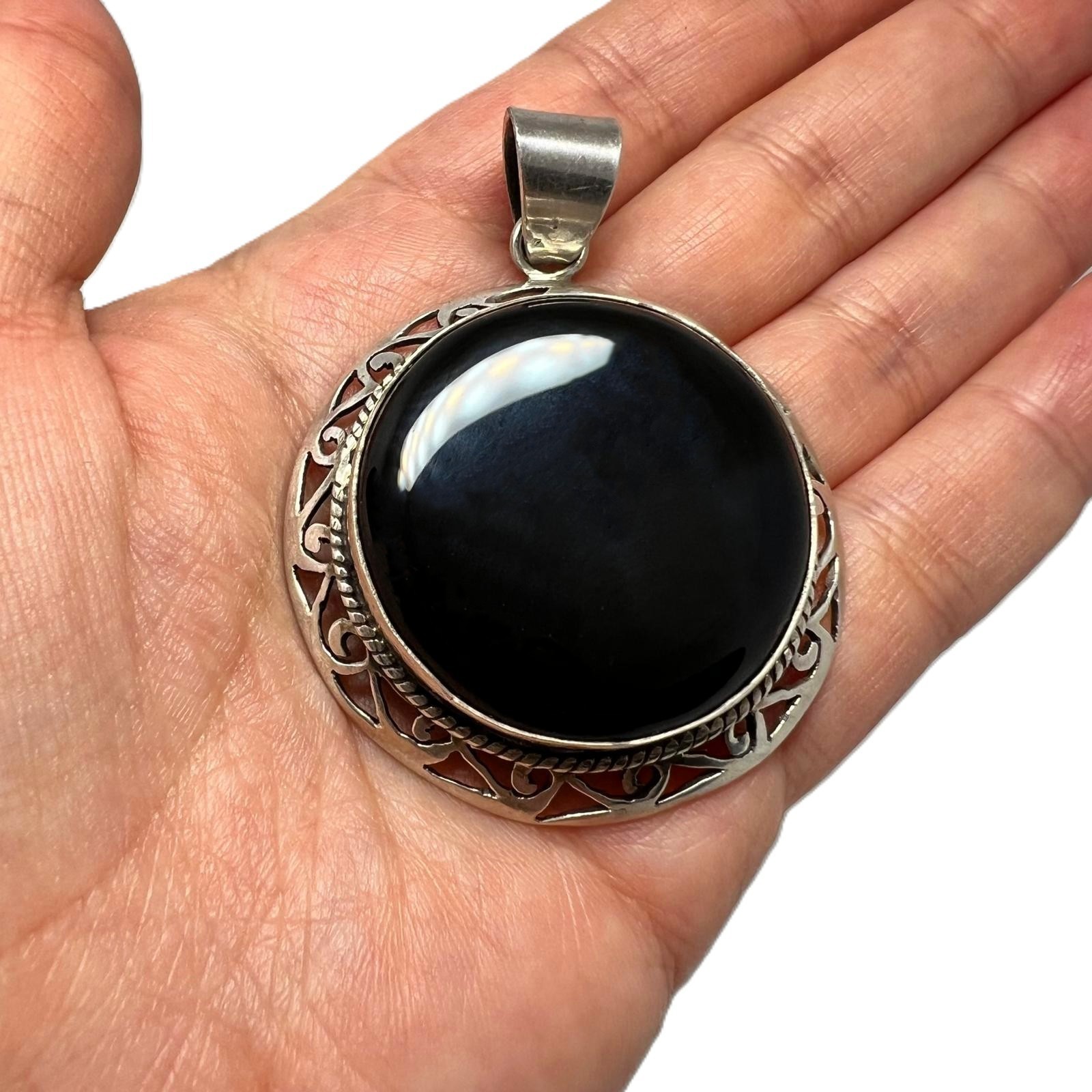 Vintage XL Onyx Pendant 925 Silver – Large Black Cabochon Statement Pendant