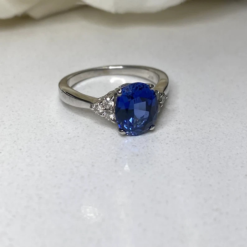3.80 Ct Oval Natural Sapphire & Diamond Wedding Ring 14K White Gold Size 6