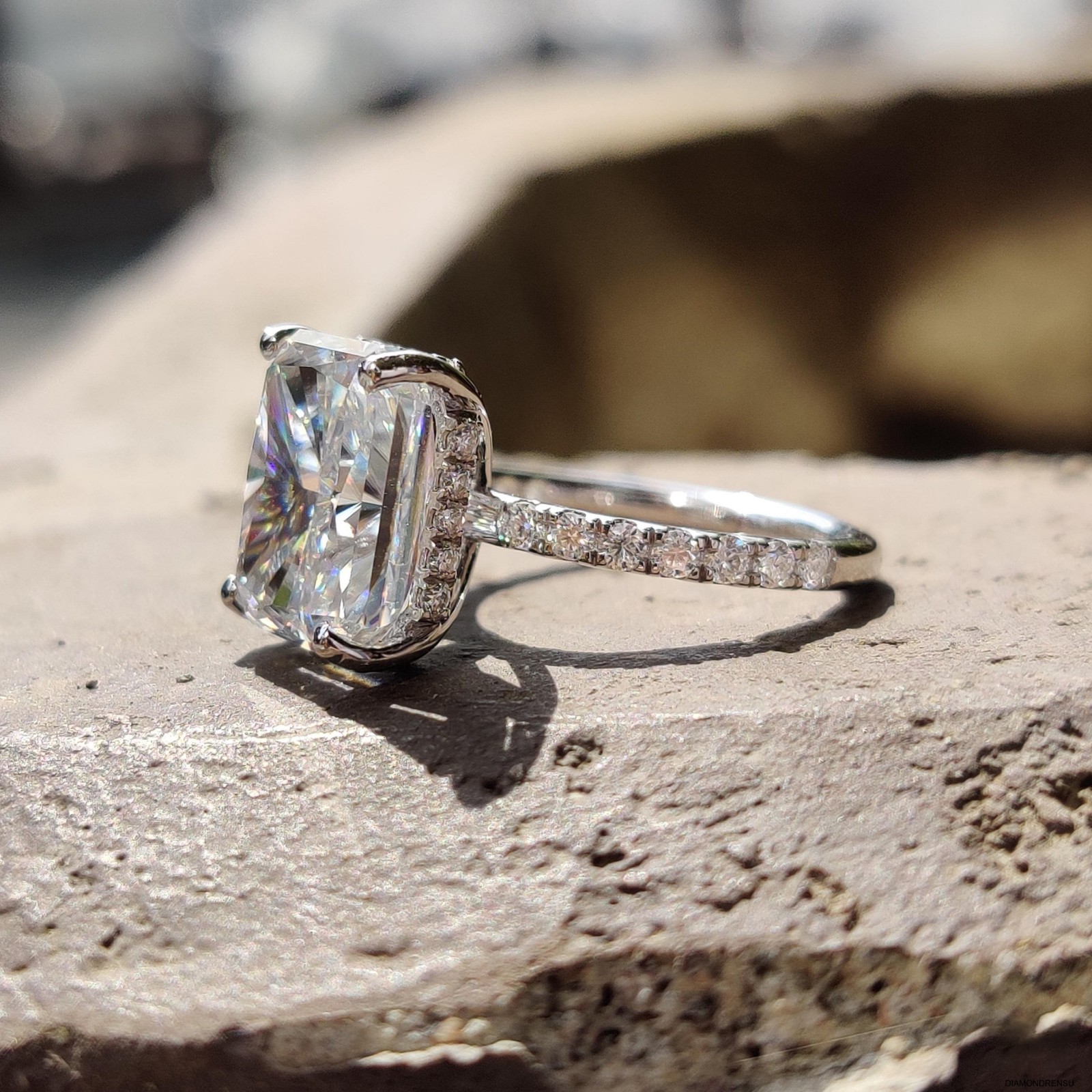 4.76CT Radiant Cut Crushed Ice Moissanite Ring Pave Engagement Ring