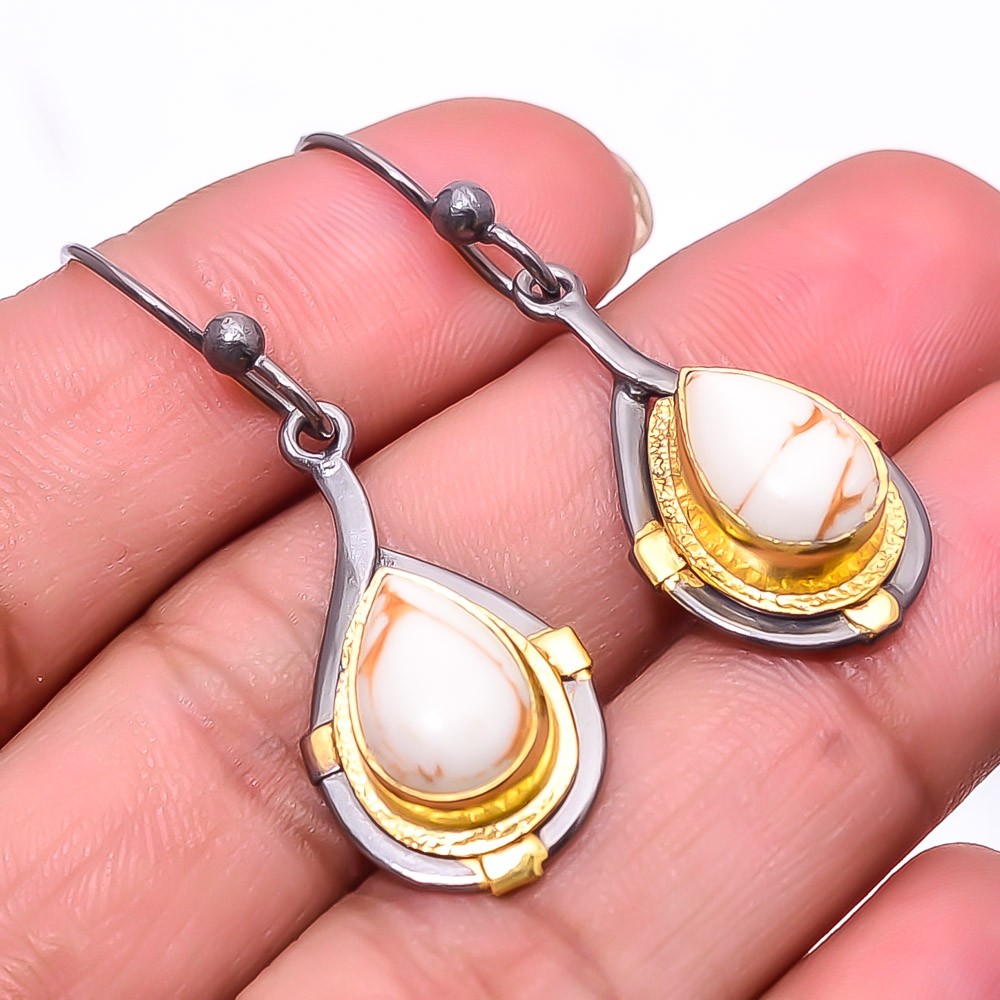 Copper White Turquoise 925 Silver Black & Gold Rhodium Plated Earring 1.76″ E39