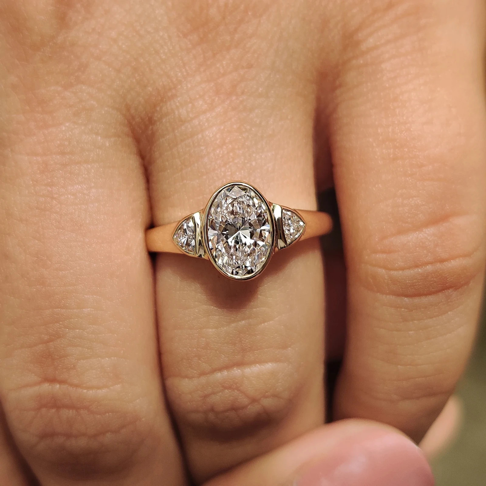2.00CTOval Bezel Engagement Ring 9K Yellow Gold Lab Grown Diamond Trillion Sides
