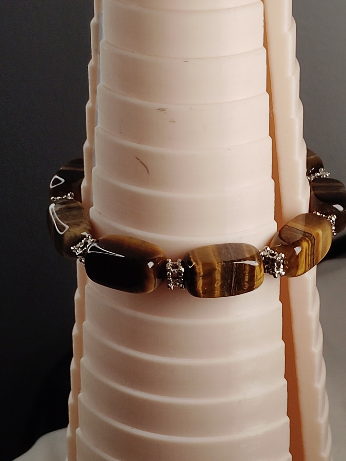 Tiger’s Eye Brown Beaded Stretch Bracelet Silver Spacer Beads 7.25″