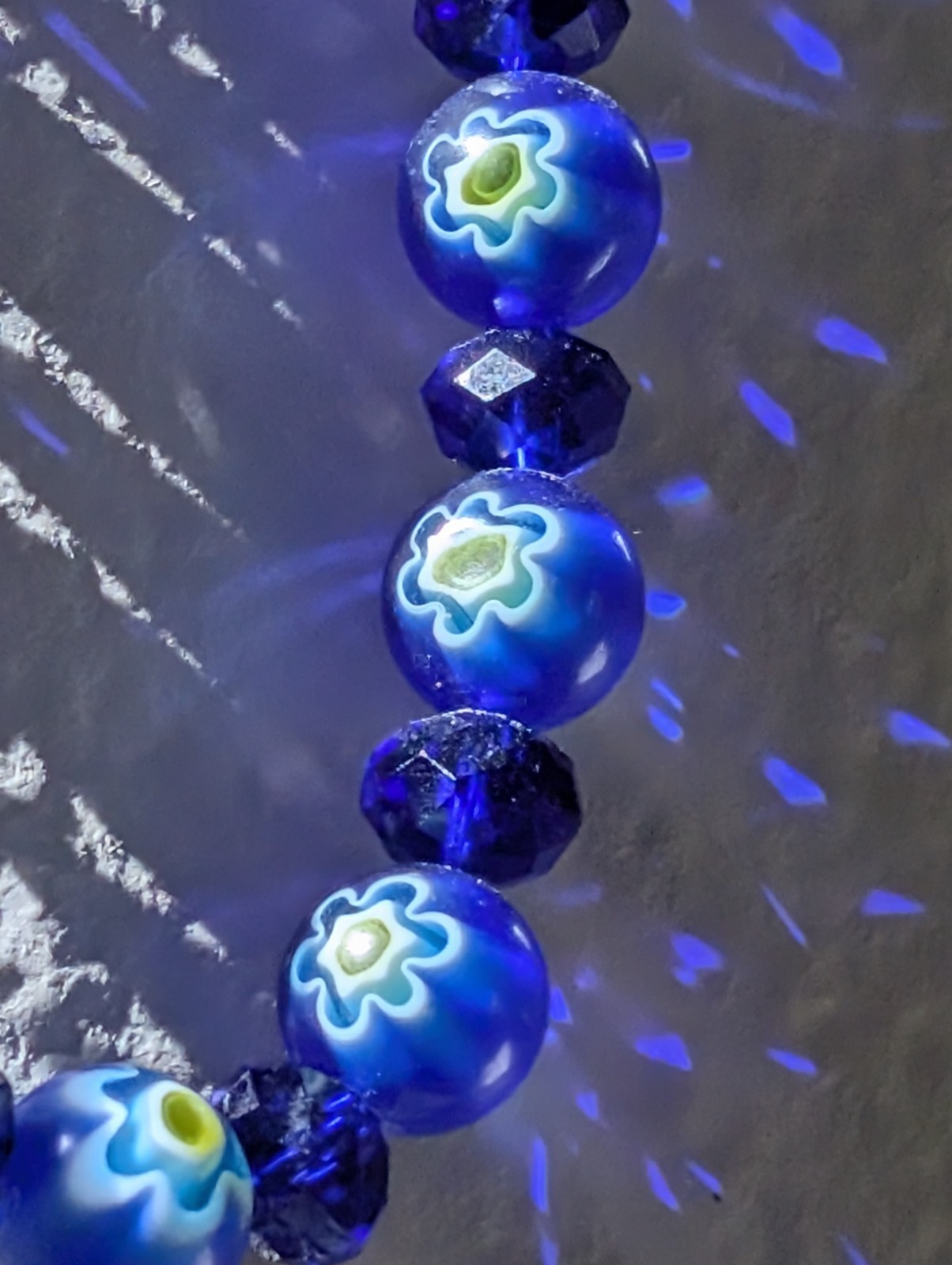 Vintage Cobalt Blue Millefiori Art Glass Flower Bead Bracelet Faceted Rondelle