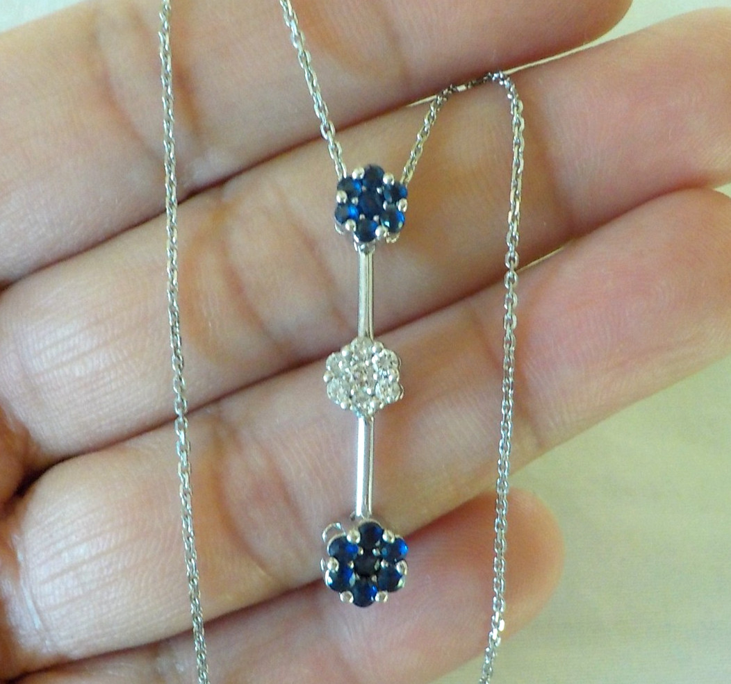 14K White Gold Bar Blue Sapphire Diamond Necklace – 4.0 gms, 18 in, 0.40 ctw