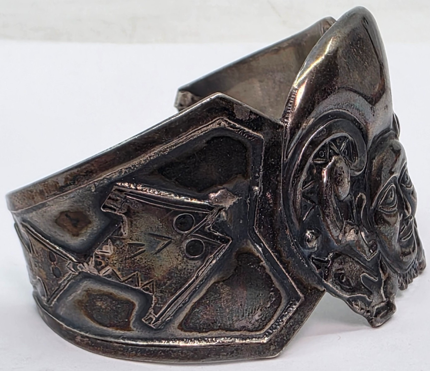 Vintage Peruvian Sterling Silver 925 Pre-Columbian Deity Face Cuff Bracelet