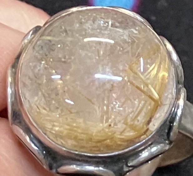Sterling Silver ring featuring a natural golden rutilated quartz stone Size 8.5
