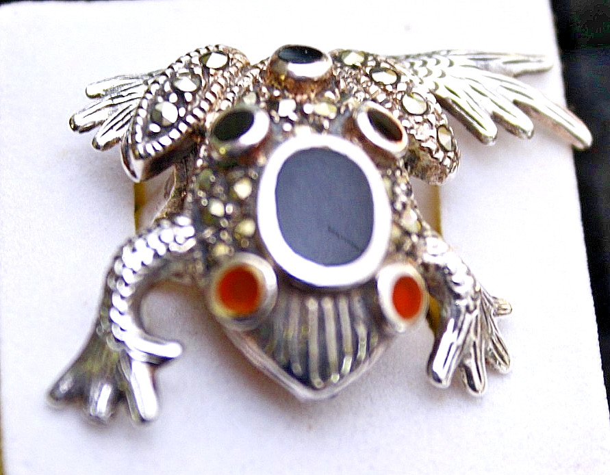 RARE HANDTOOLED STERLING SILVER MARCASITE ONYX, CARNELIAN EYES RING Sz8.75 10.5g