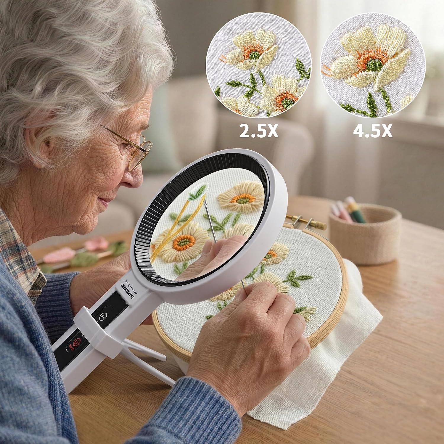 5.5-Inch Magnifying Glass with Light and Adjustable Stand for Seniors