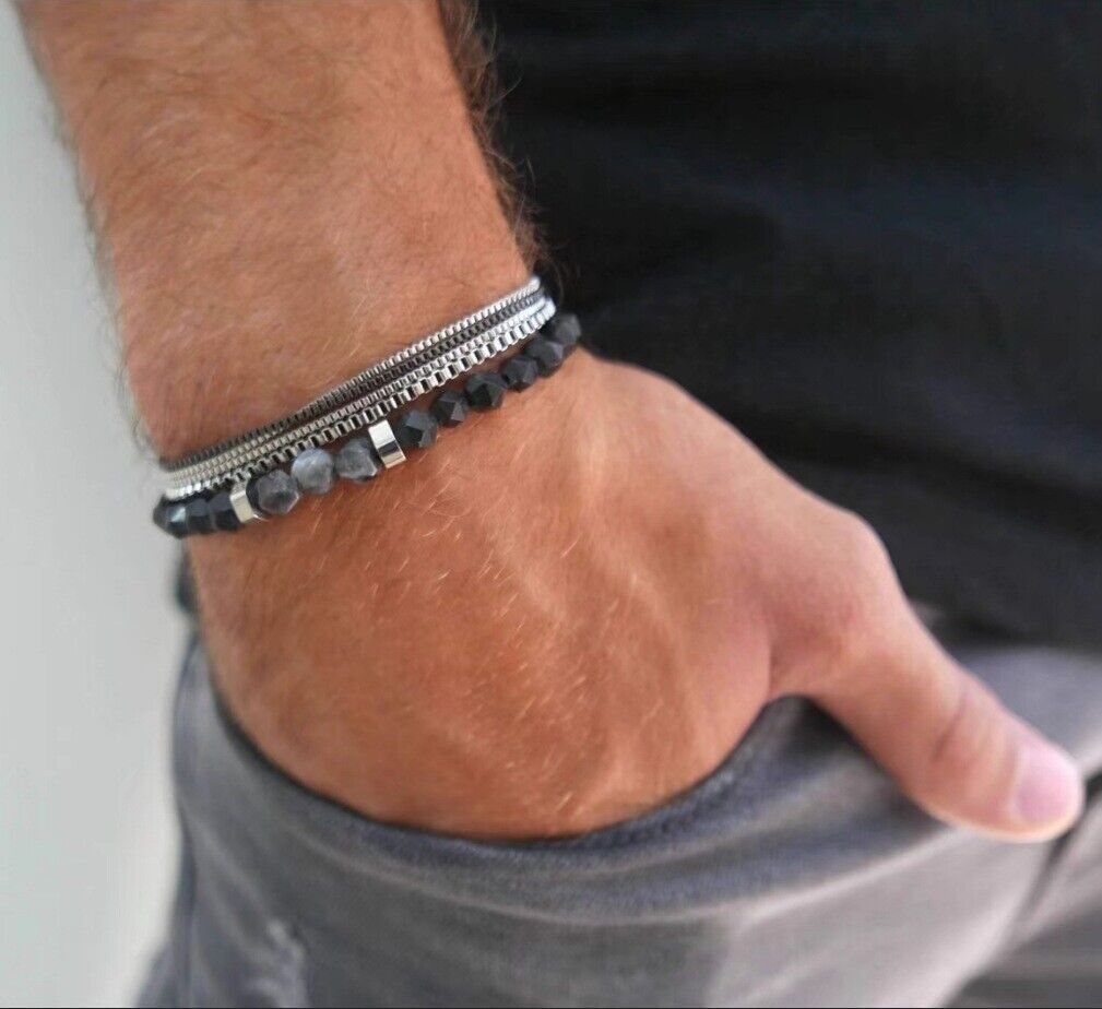 2 Pcs/set Men’s Hip Hop Chain Bracelets Fashion Polygonal Stone Chain Bracelets