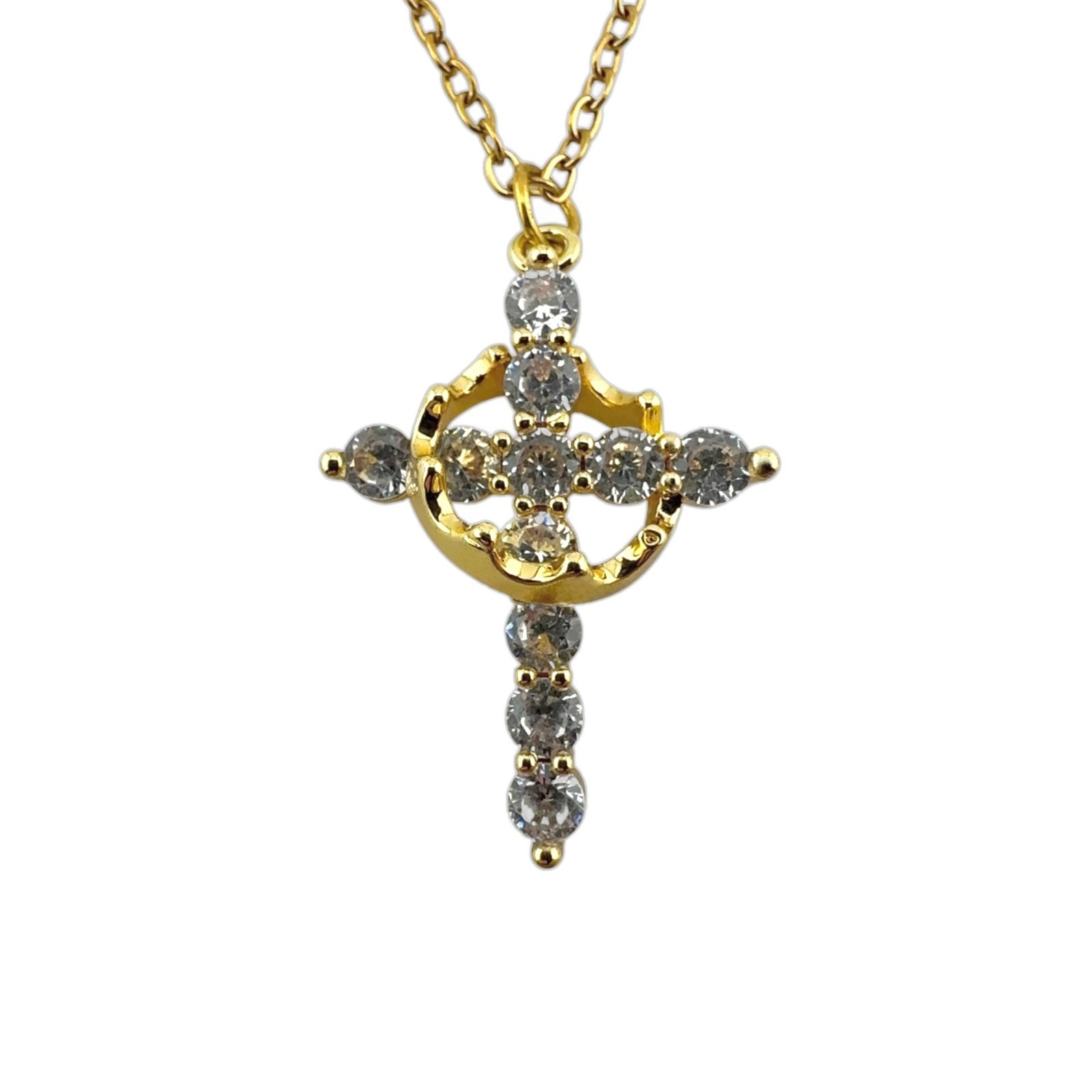 Gold Cross Crown Cubic Zirconia Pendant Necklace Adjustable Chain