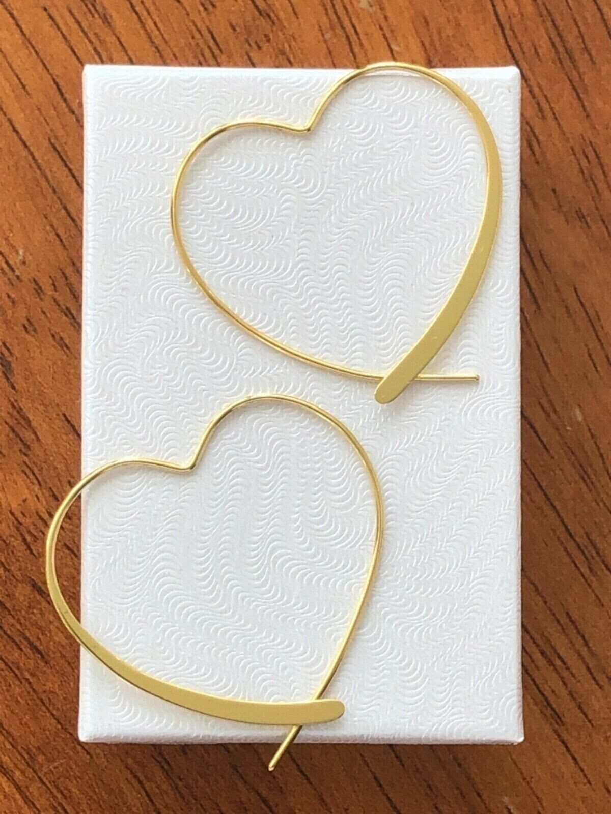 925 Sterling Silver Gold Heart Hoop Threader Earrings Women 34mm x32mm Medium