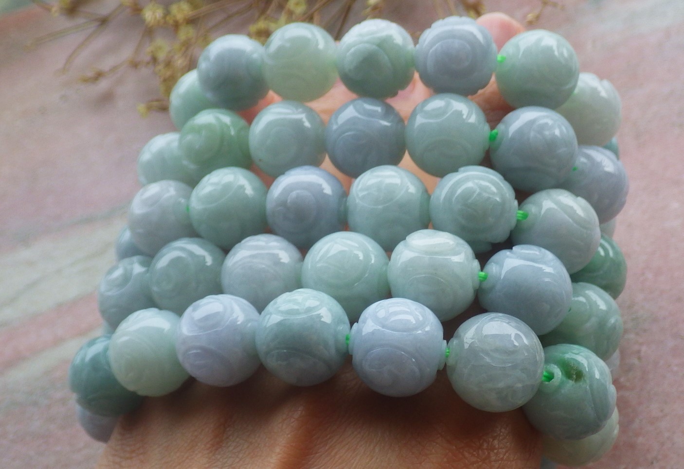 1 pcs Burma A Green jade jadeite bead Ruyi Flower bracelet Bangle 14mm 131109