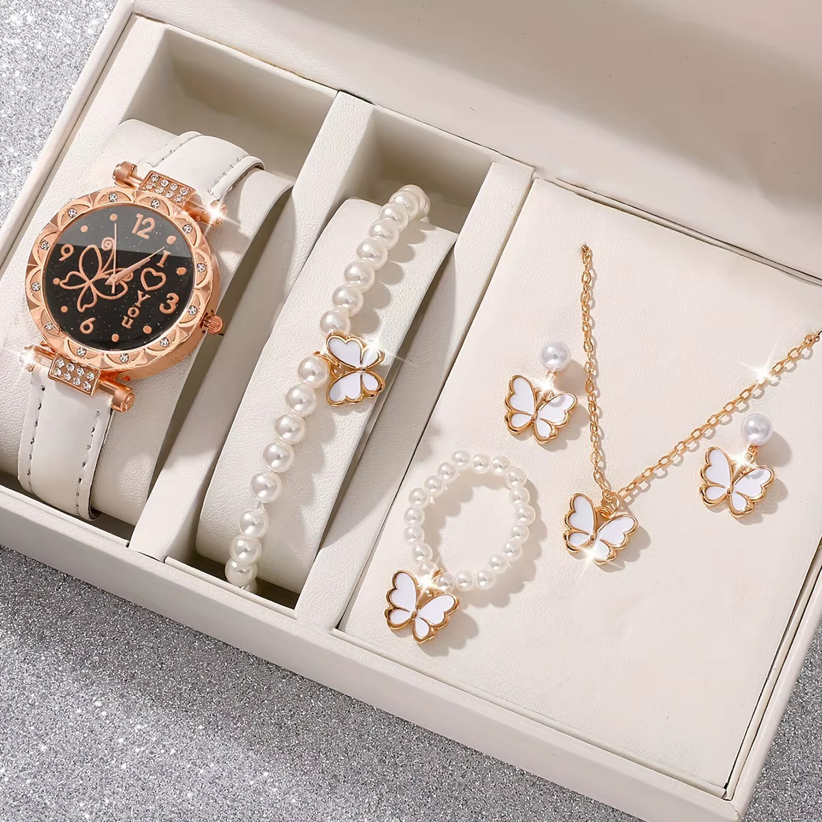 6-Piece Women’s Fashion Jewelry Set Pearl Butterfly Watch Rhinestone Gift