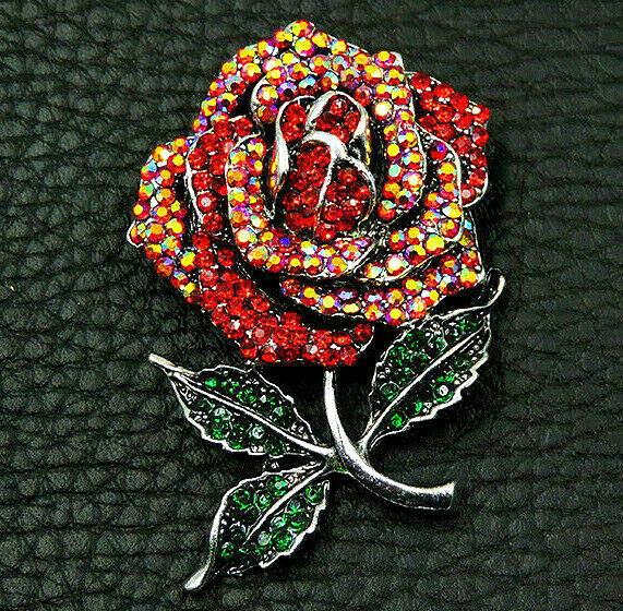 Sparkling ROSE Blood Orange Red AB RHINESTONE Silvertone Vintage Inspired Brooch