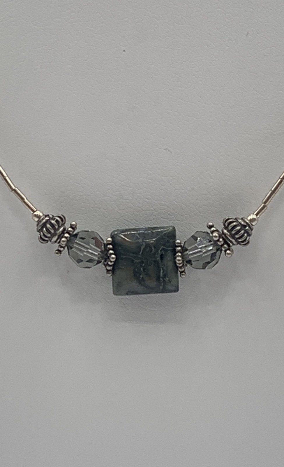 Sterling Silver 925 Liquid Silver Necklace Natural Mottled Stone Accents 18″