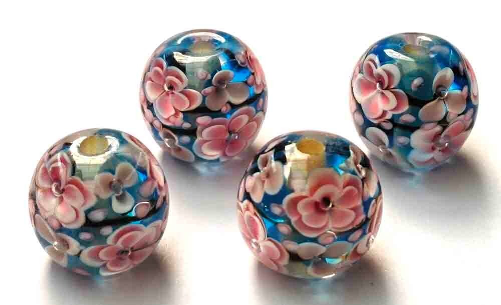 10pcs handmade Lampwork glass beads glass Pink Plum on blue 14mm