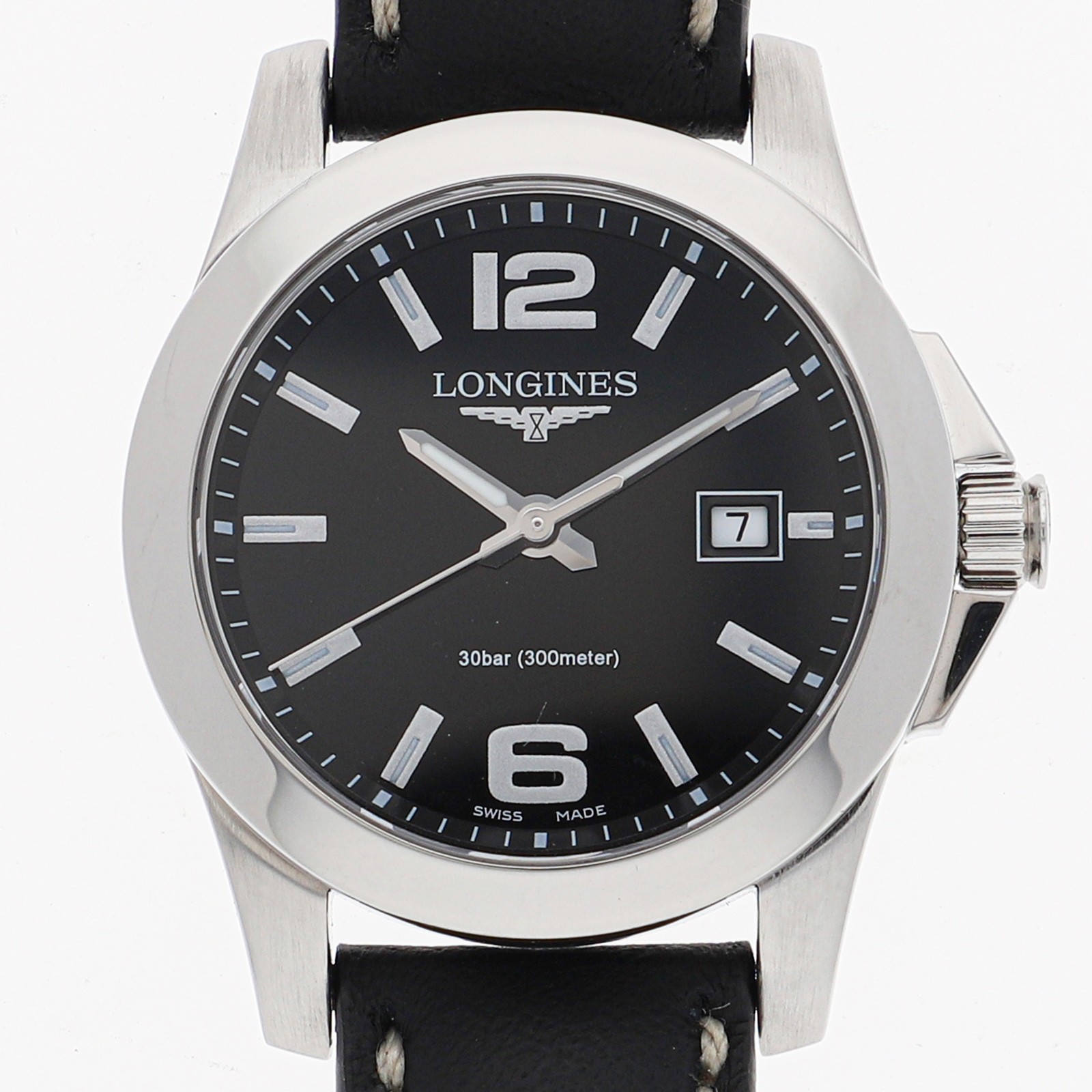 LONGINES L3.376.4.58.3 Conquest black Dial Quartz Stainless Steel Leather
