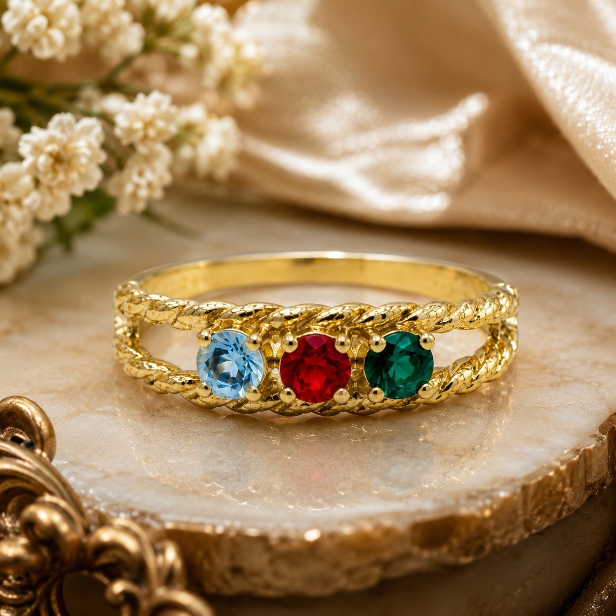 Vintage Gold Plated Sample Ring 3 Stone Blue Red Green CZ Size 7 Twisted Band