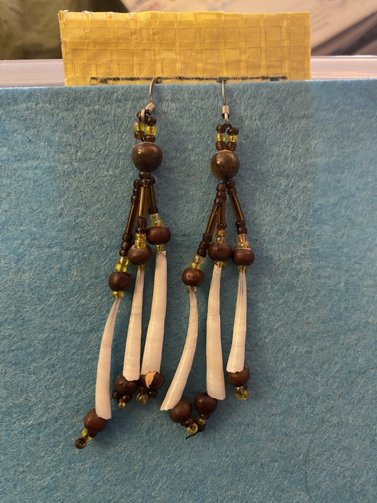 Beaded Earrings Handmade In Alaska. Glass And Resin Beads Dangly Brown And White