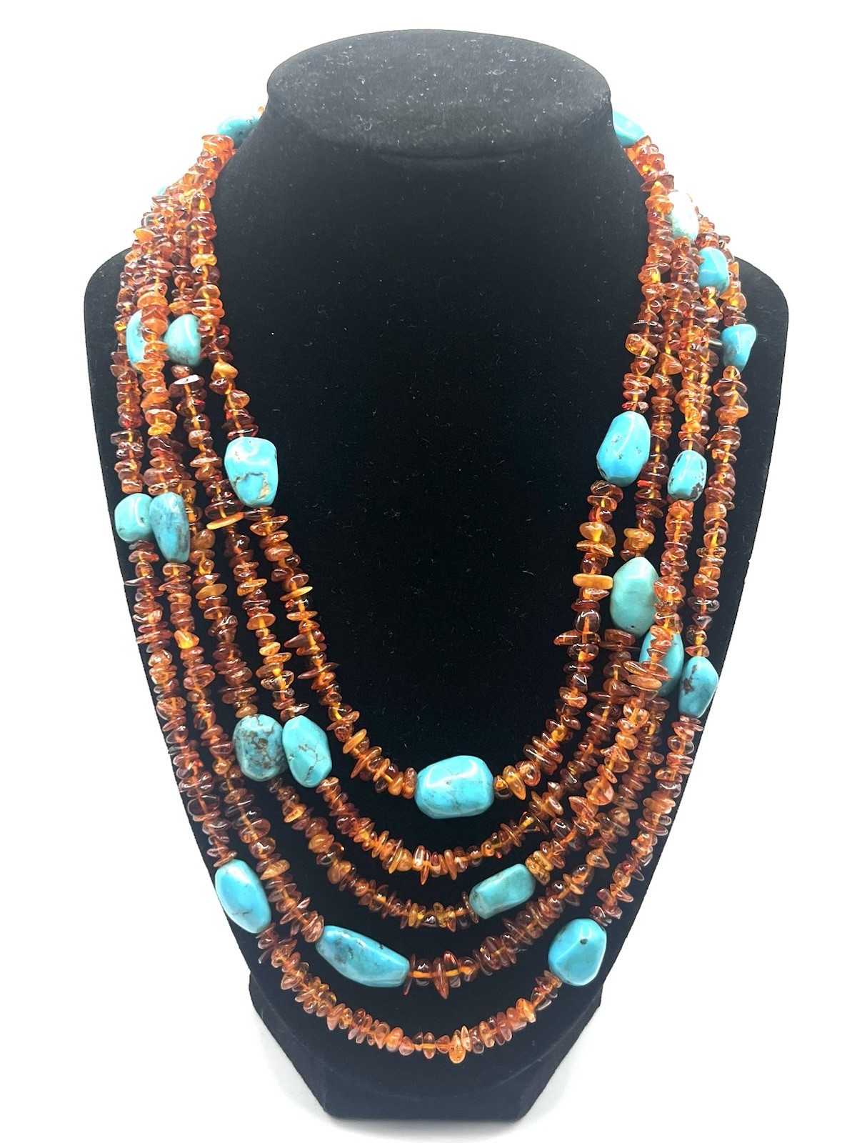 Jay King Amber and Turquoise Sterling Silver Necklace Five Strand