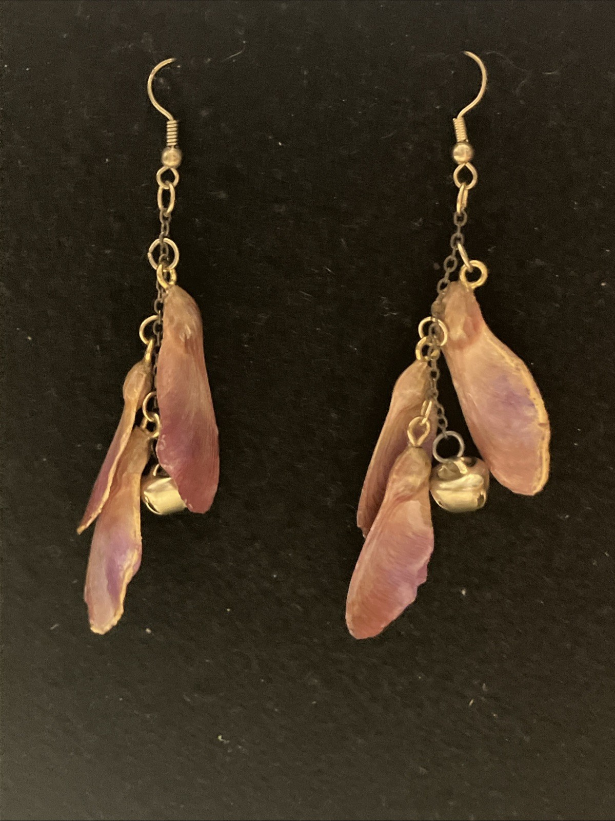 Red Maple Pod Dangle Earrings With Bells In Gold Tones, MiaChavi Geekery
