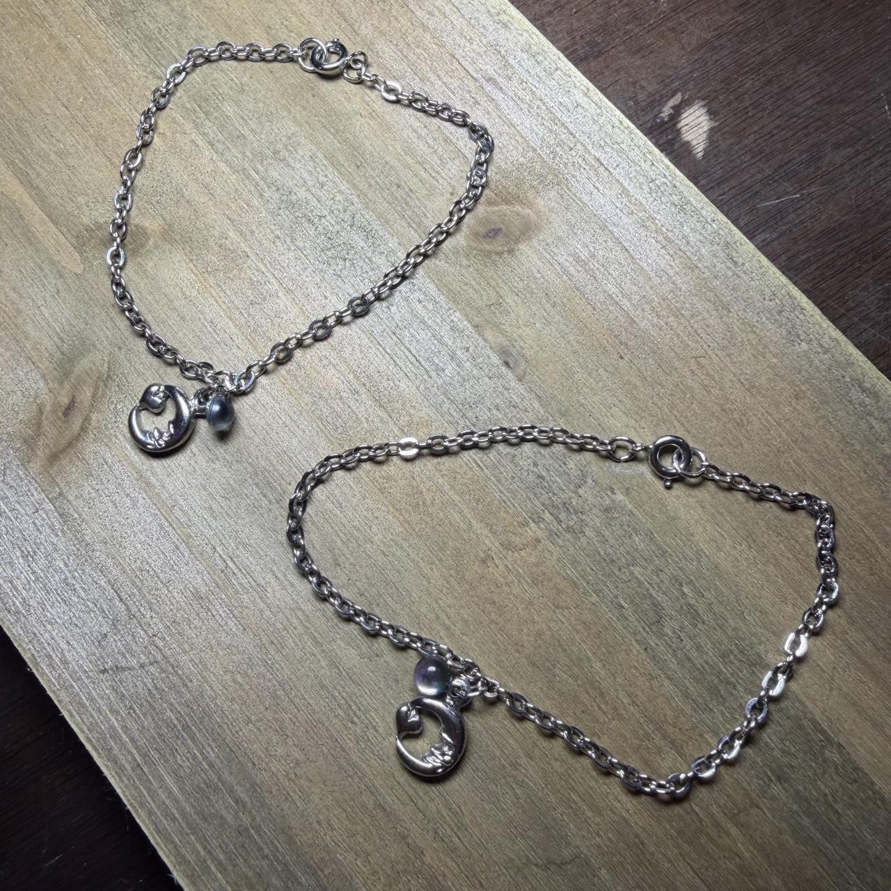 Matching Silver chain friendship anklets/bracelets with moon and pearl charms