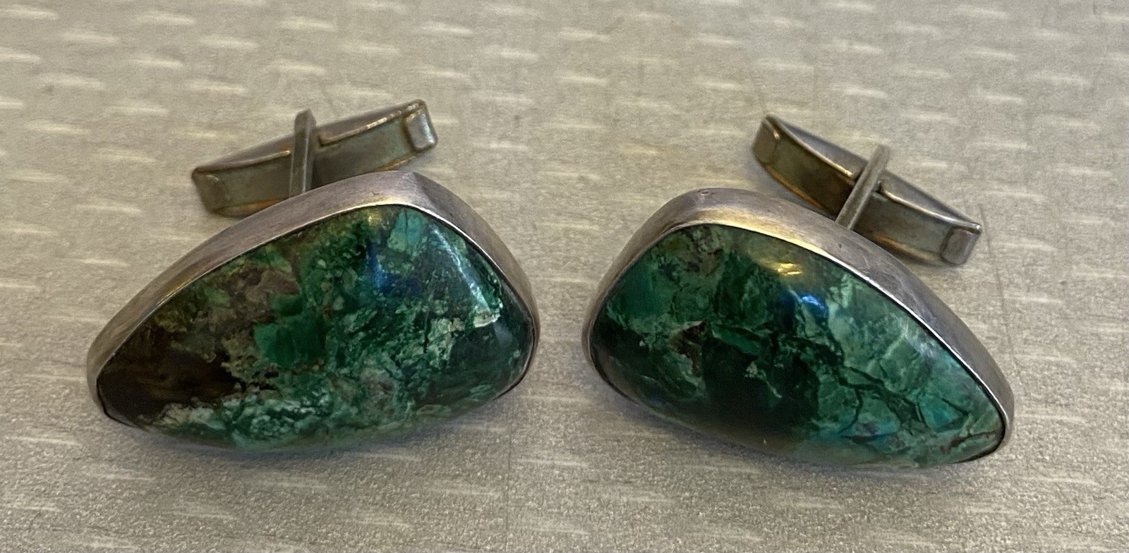 Vintage Israel 930 Silver Malachite Cufflinks Chunky Natural Green Stone