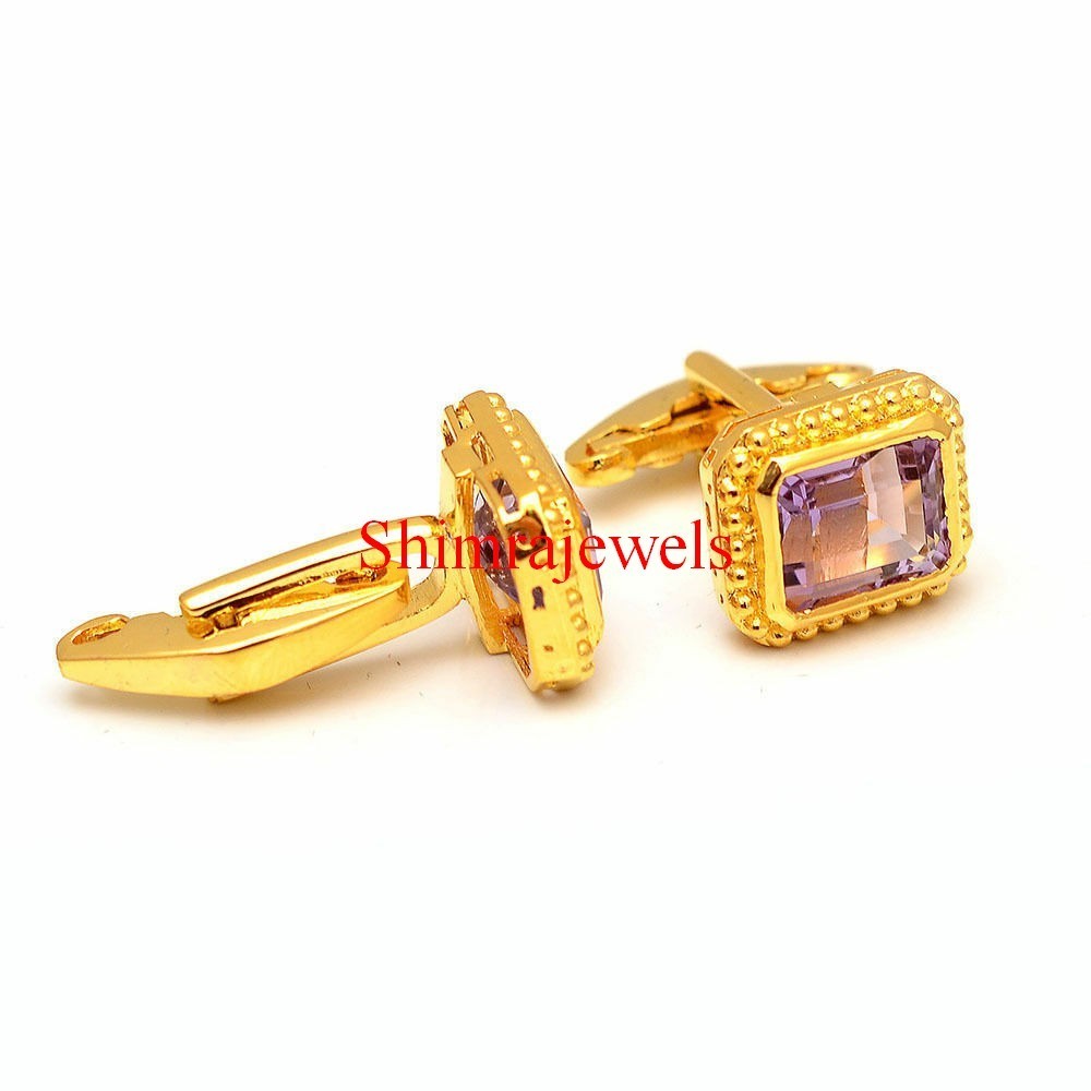 Natural Amethyst Gemstone With 18K Gold Plated Silver Cufflinks #60