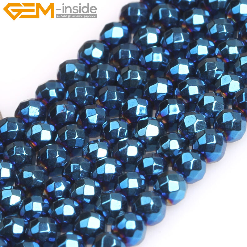Round Blue Metallic Coated Hematite Faceted Stone Loose Beads Jewelry Making 15‘