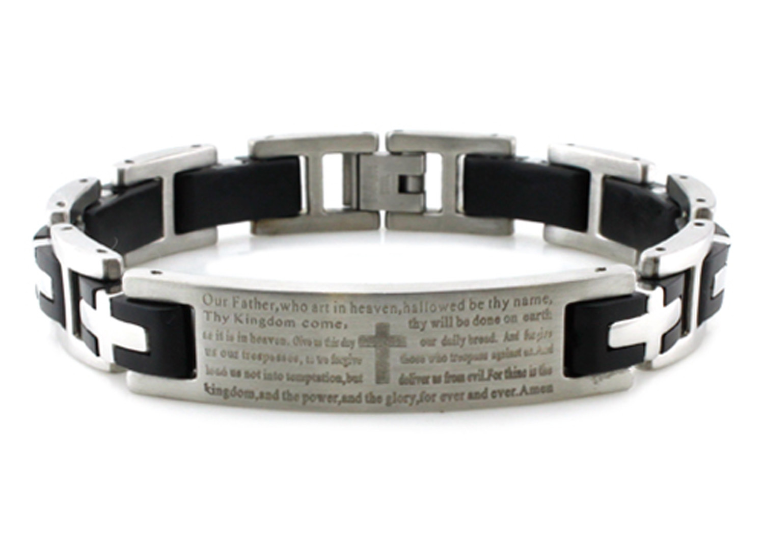 Stainless Steel The Lords Prayer ID Color Rubber Mens Religious Bracelet 8.5″
