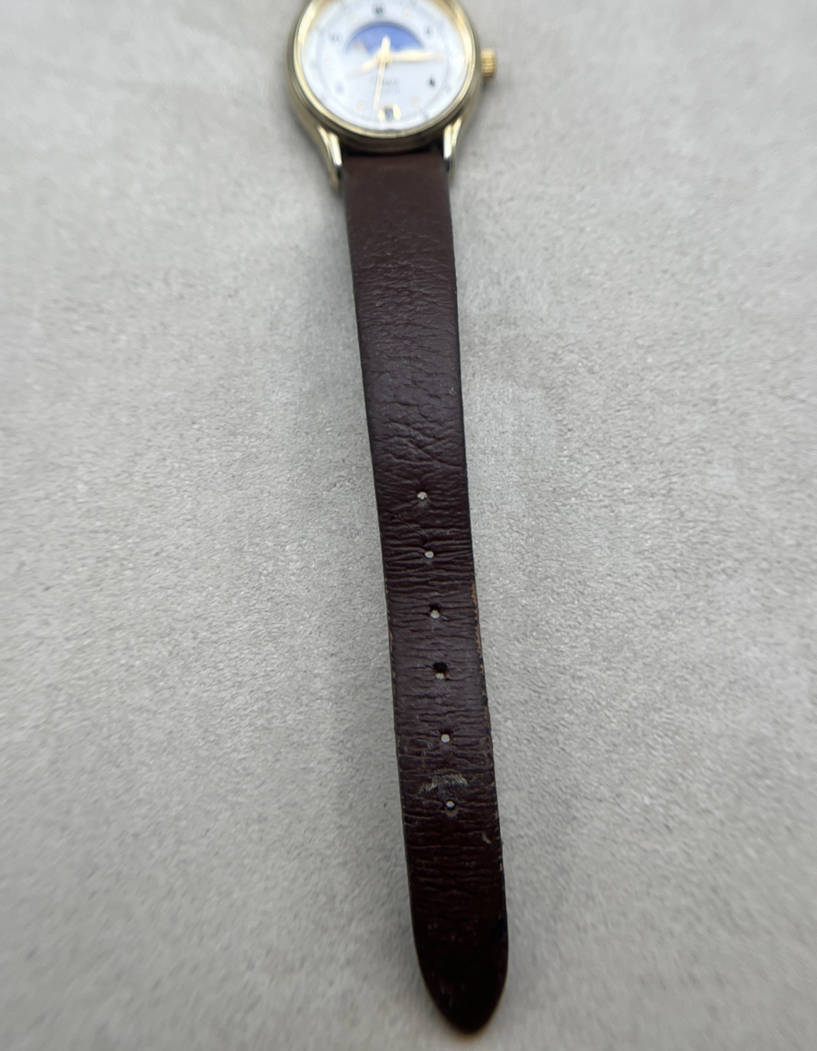 Timex 364 T Cell Moon Phase Quartz Wristwatch Gold Tone Brown Leather Band