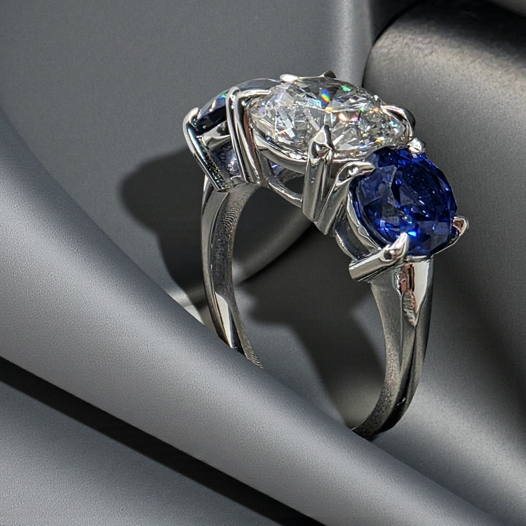 4.00 Ct E VS1 Sapphire and Diamond Lab Grown 3 Stone Ring 14k Yellow Gold