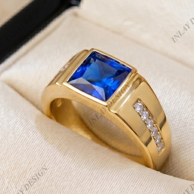Men’s Blue Sapphire Solitaire Engagement Ring 14K Yellow Gold Plated Ring