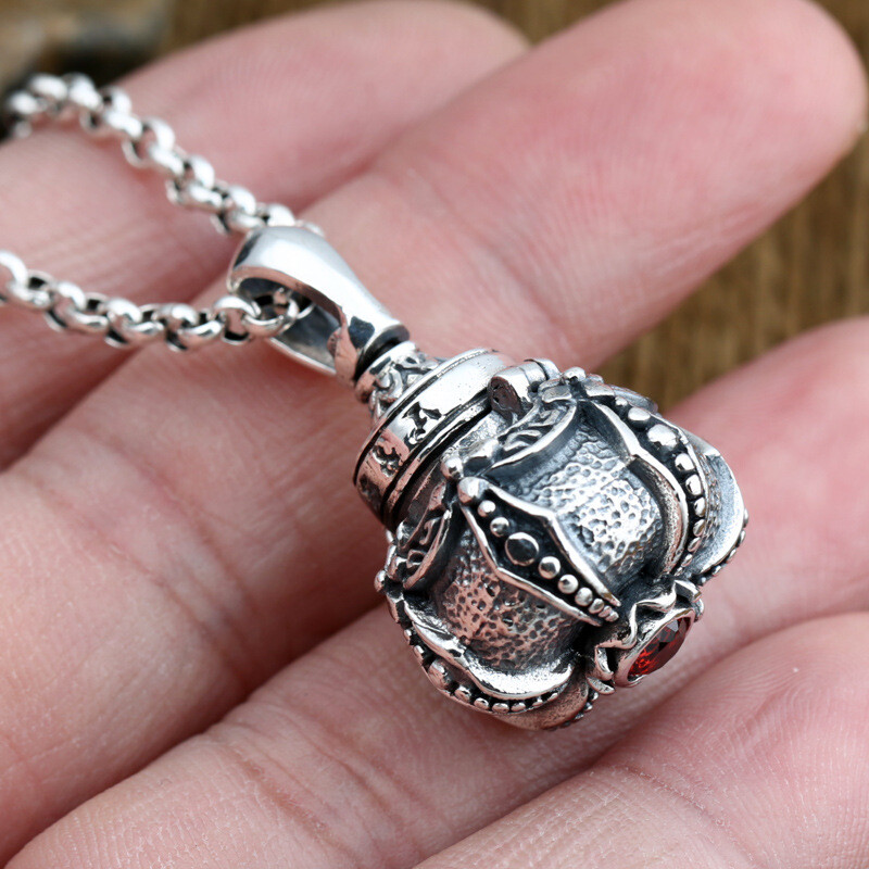 Vintage S925 Sterling Silver LOCKET Pendant PRAYER BOX Red Gem Textured Treasure