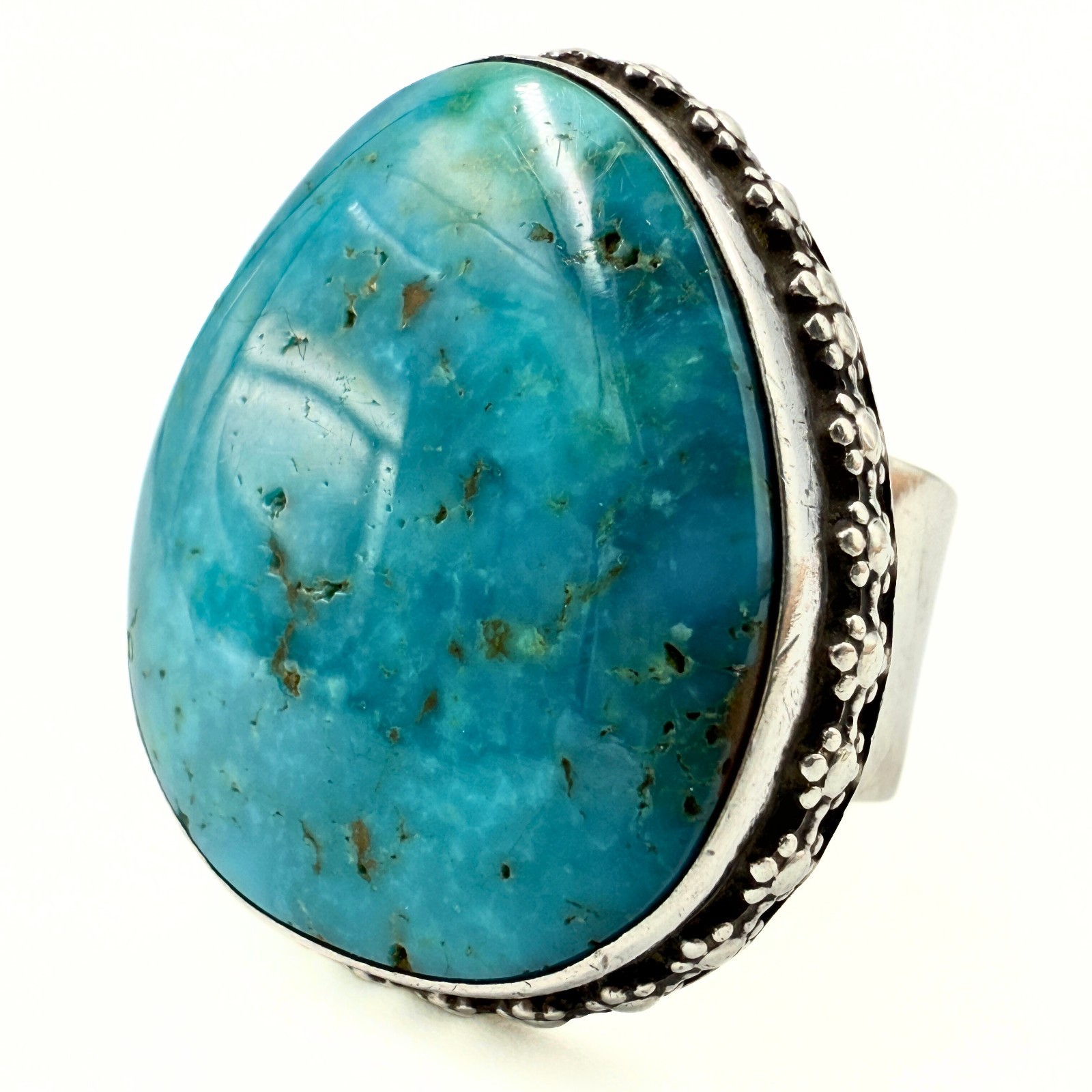 Milton Lee Marked Navajo Sterling Silver Kingman Turquoise Statement Ring Sz 6.5