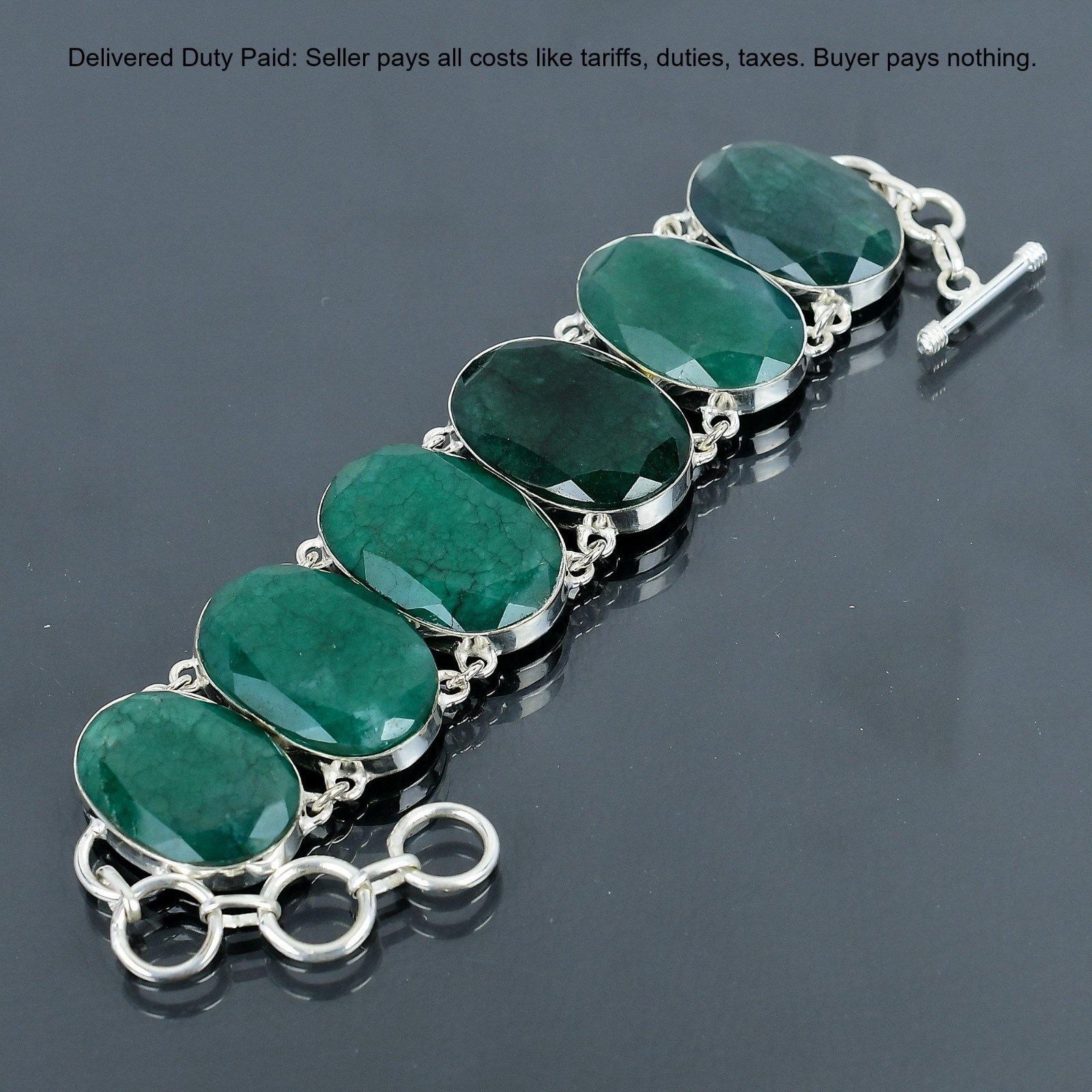 925 Sterling Silver Oval Zambian Emrald Gemstone Handcrafted Wife Chain Bracelet