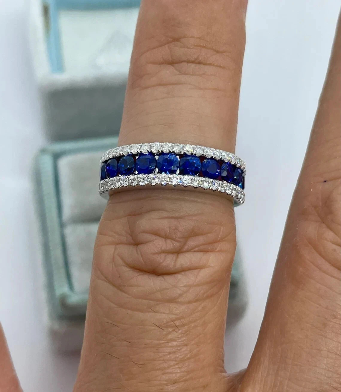 4.00 Ct Round Natural Sapphire Diamond Anniversary Ring 14K Solid White Gold 6