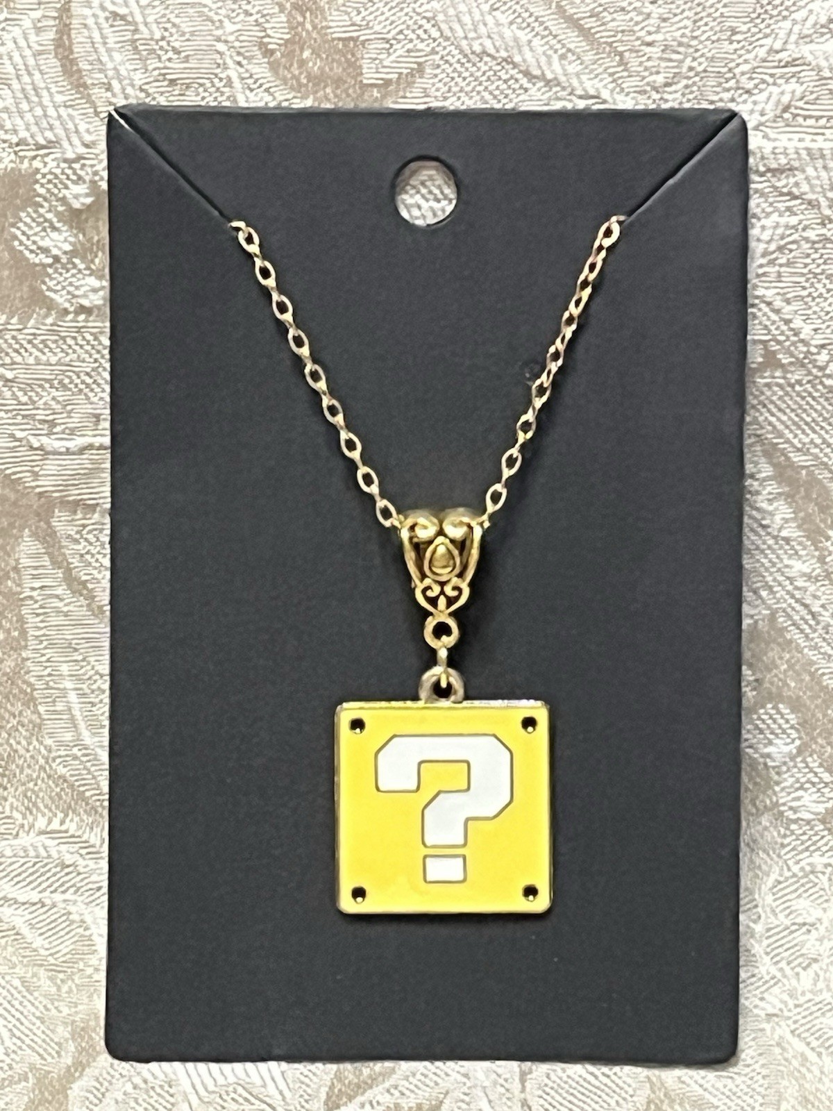Question Box Mario Luigi Cartoon Video Game Enamel Charm Gold Boho Necklace 18”