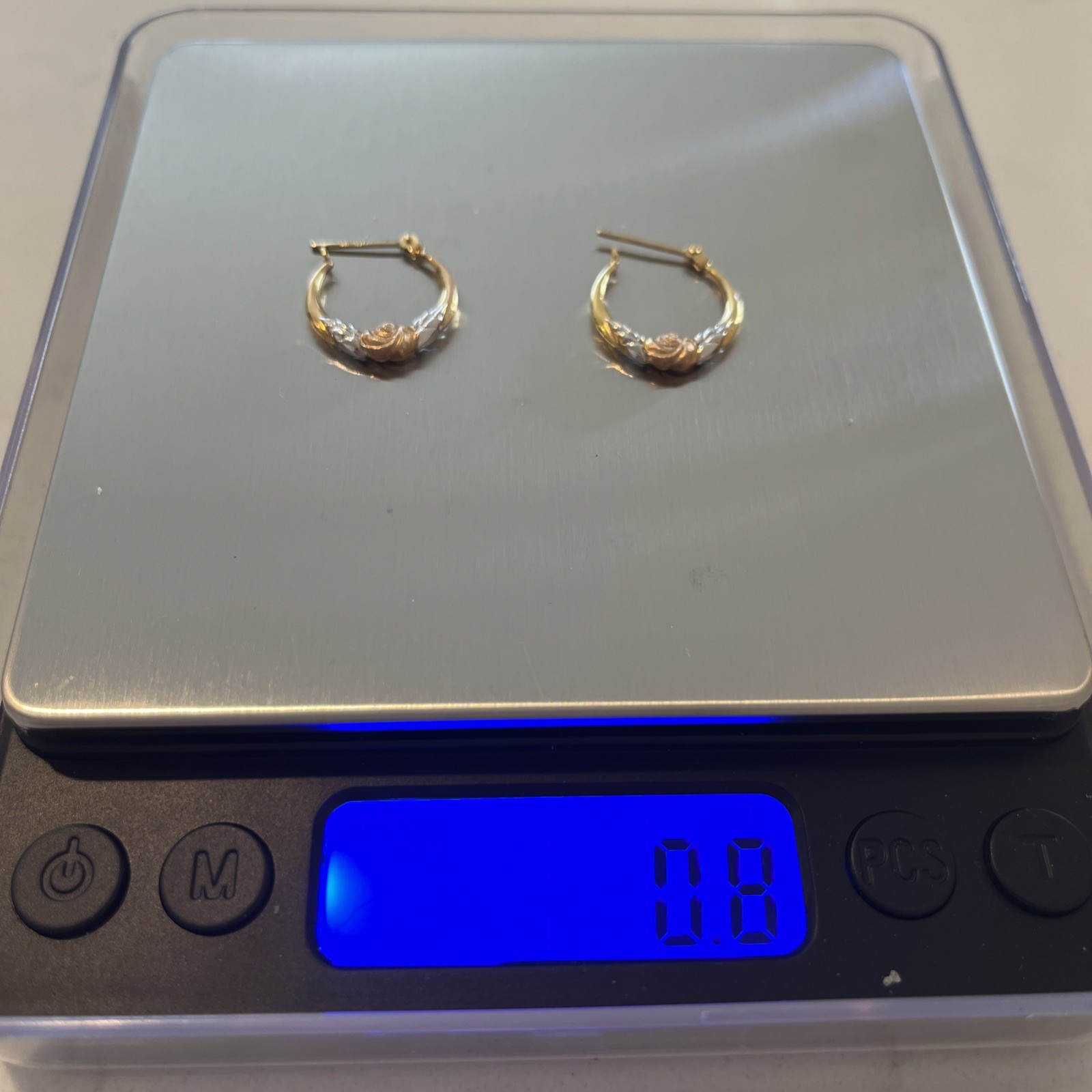 10K Yellow White Rose Gold Petite Hoop Earrings Floral Design Made Bolivia VTG