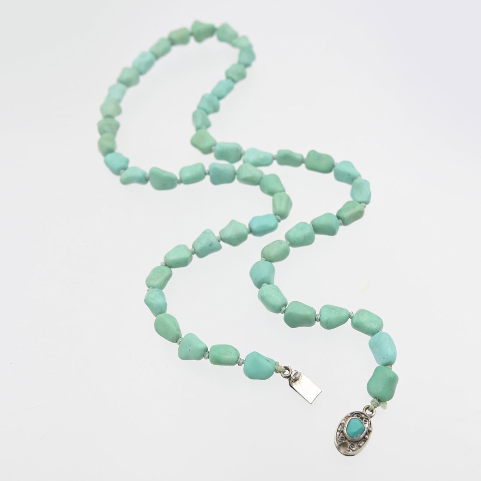 Old Vintage Chinese Export ‘Knucklebone’ Turquoise Necklace w/ Silver Clasp