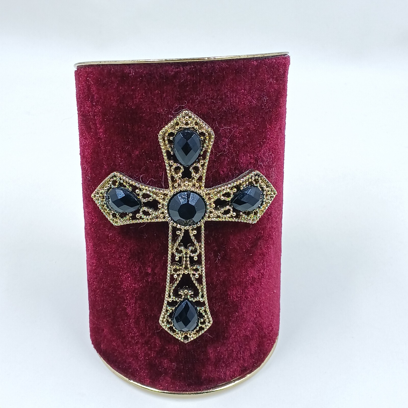 Vintange Cross Cuff Bracelet Red Velvet Gold Tone Black Rhinestones
