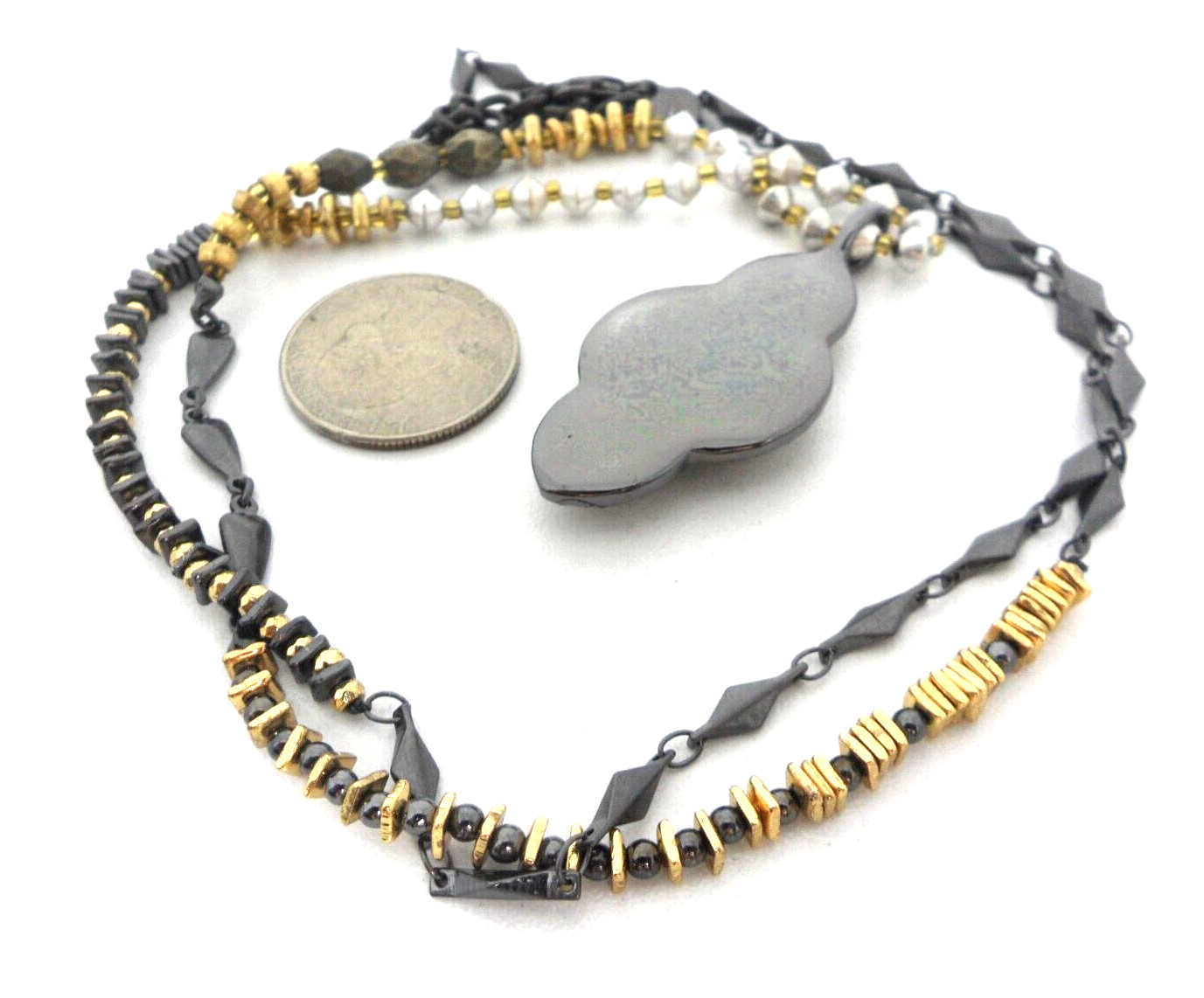 Stella Dot Relic Druzy Pendant Necklace Lavalier Sautoir Arabesque Hematite Bead