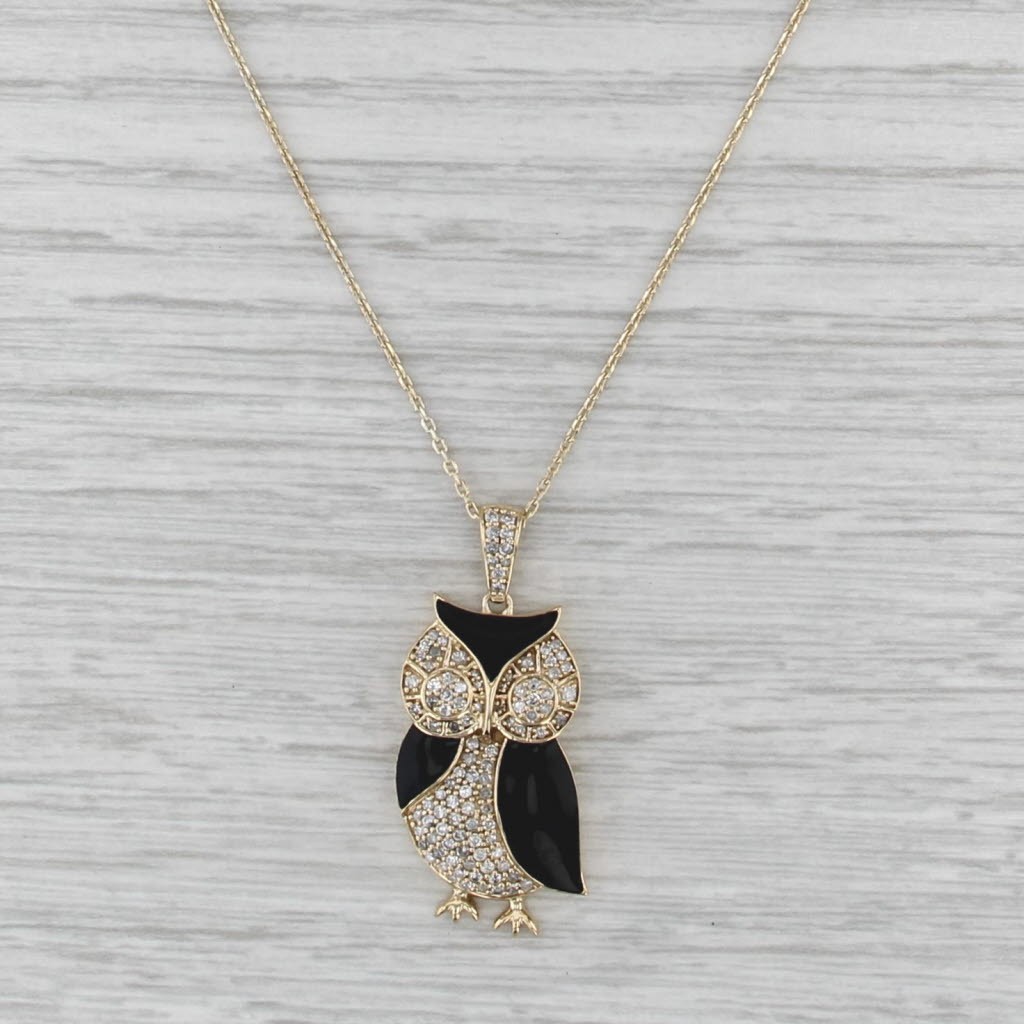 0.44ctw Diamond Enamel Owl Pendant Necklace Sterling Silver Gold Vermeil 18-20″