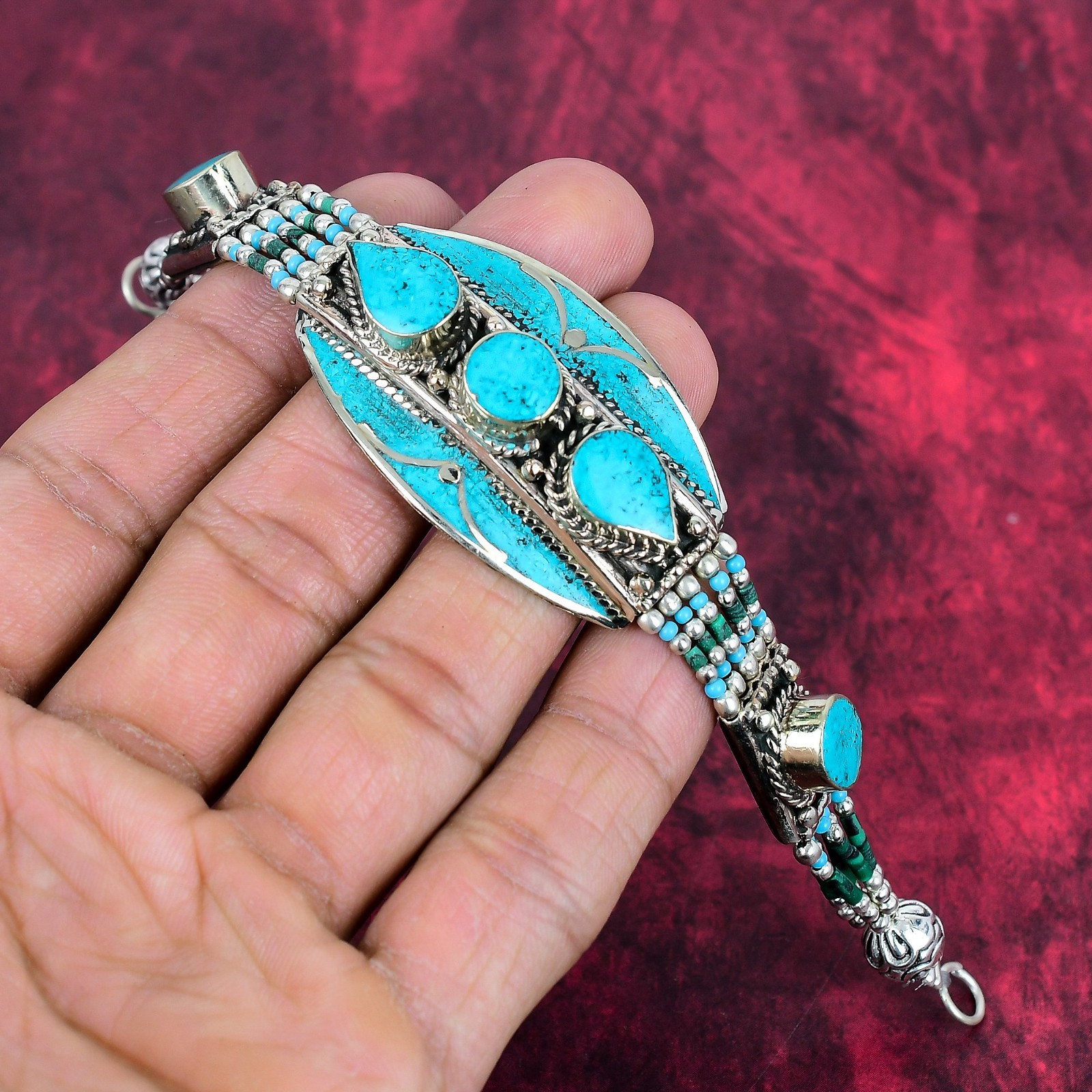 Blue Turquoise Gemstone Handmade 925 Sterling Silver Jewelry Nepali Bracelet
