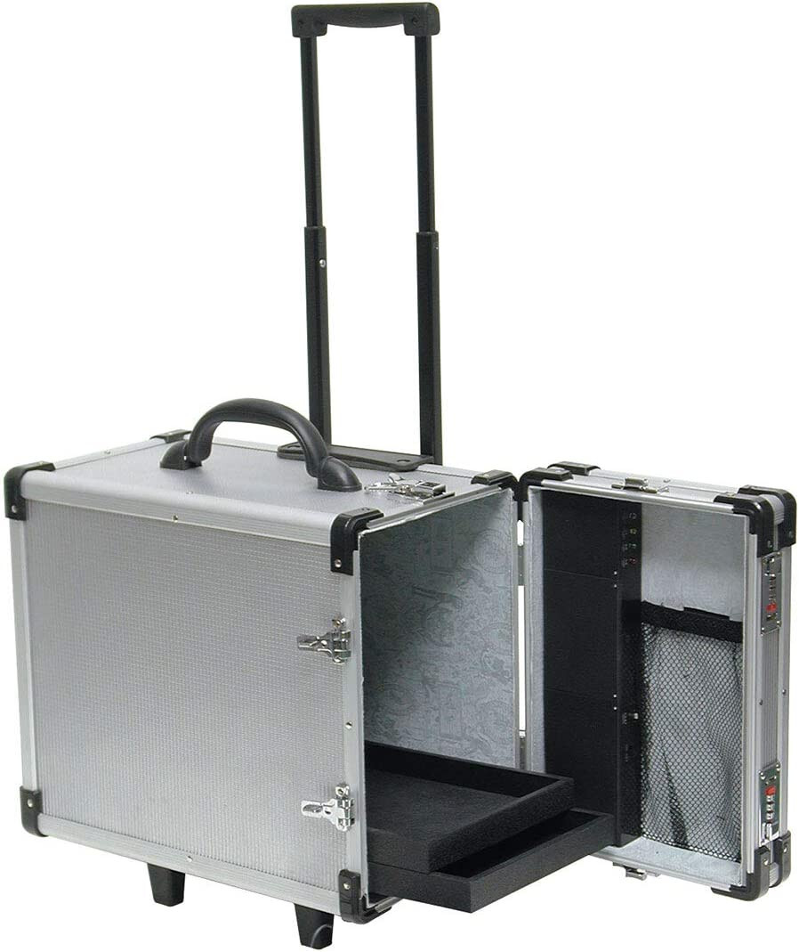 Aluminum Jewelry Storage Organizer Case w 12 Black Trays Rolling 16 3/8″ Lock